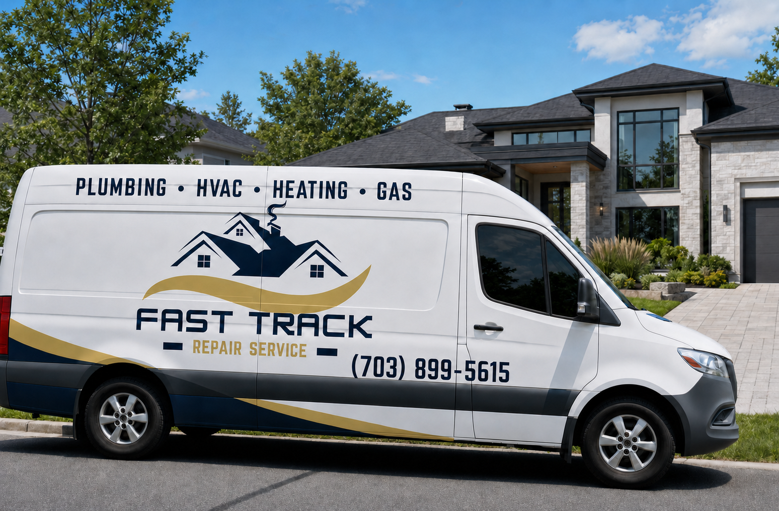 Fast Track Repair Service plumbing, HVAC, and heating service van outside a Northern Virginia home