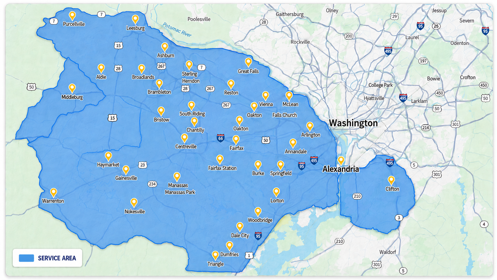 Map showing Triangle and nearby Northern Virginia communities, including communities across Fairfax, Loudoun, Prince William, Arlington, and Alexandria